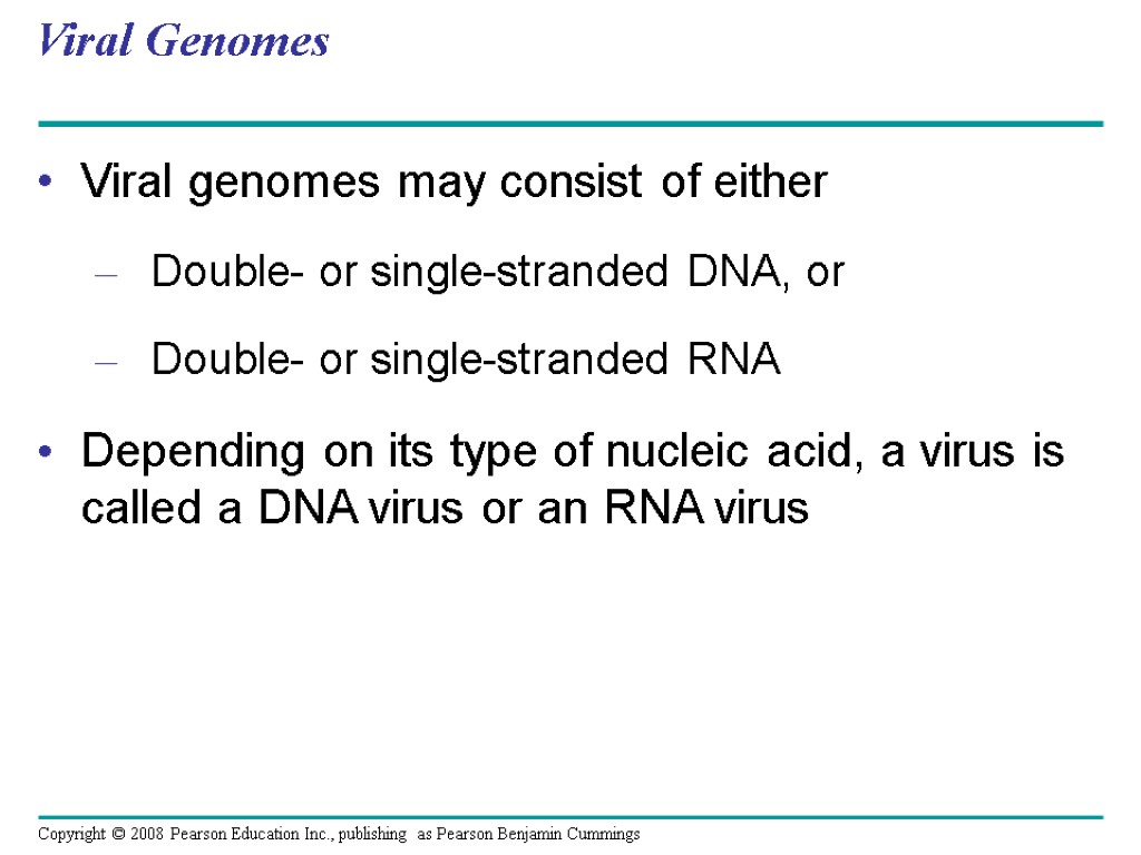 Viral Genomes Viral genomes may consist of either Double- or single-stranded DNA, or Double-